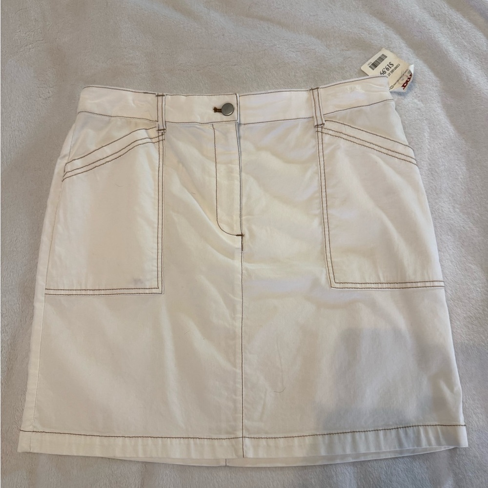 Nicole Miller Creamy White with Brown Stitching Cotton Skirt,  NWT